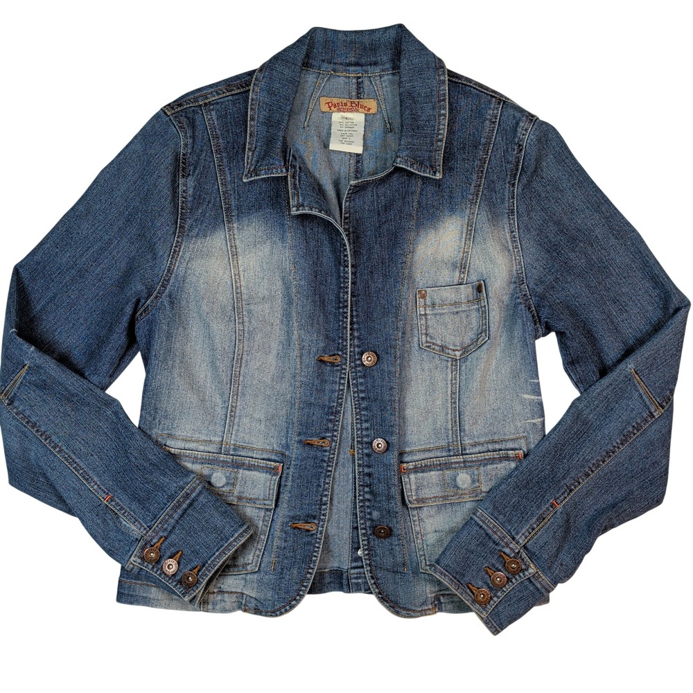Paris Blues Denim Jacket Women Large Blue Stretch Button Front Utility Y2K
